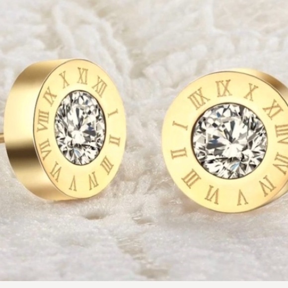 Roman Numeral Gold or Silv Simulated Diamonds Stud - Picture 6 of 6